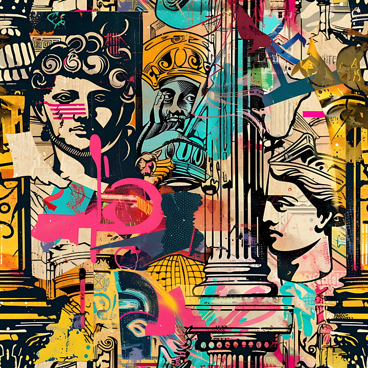 Of Vibrant Graffiti With Classical Statues And Mural Overlay seamless PBR texture preview