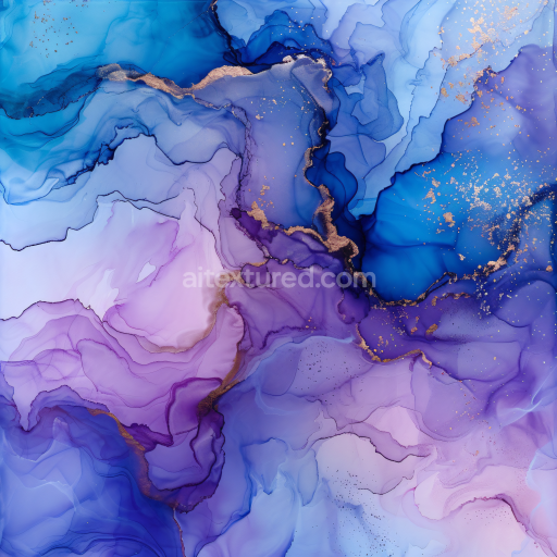 Seamless 3D Alcohol Ink PBR Texture Featuring Purple and Blue Fluid Marbling with Gold Veins
