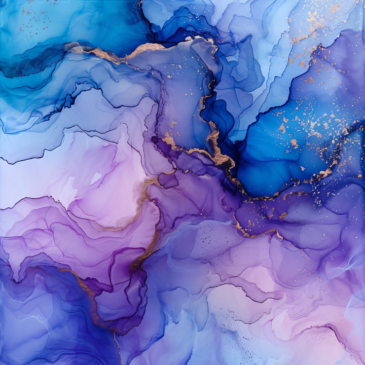 Alcohol Ink Featuring Purple and Blue Fluid Marbling with Gold Veins seamless PBR texture preview