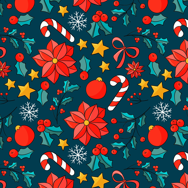 Christmas Digital Paper with Candy Canes, Poinsettias & Holly seamless PBR texture preview