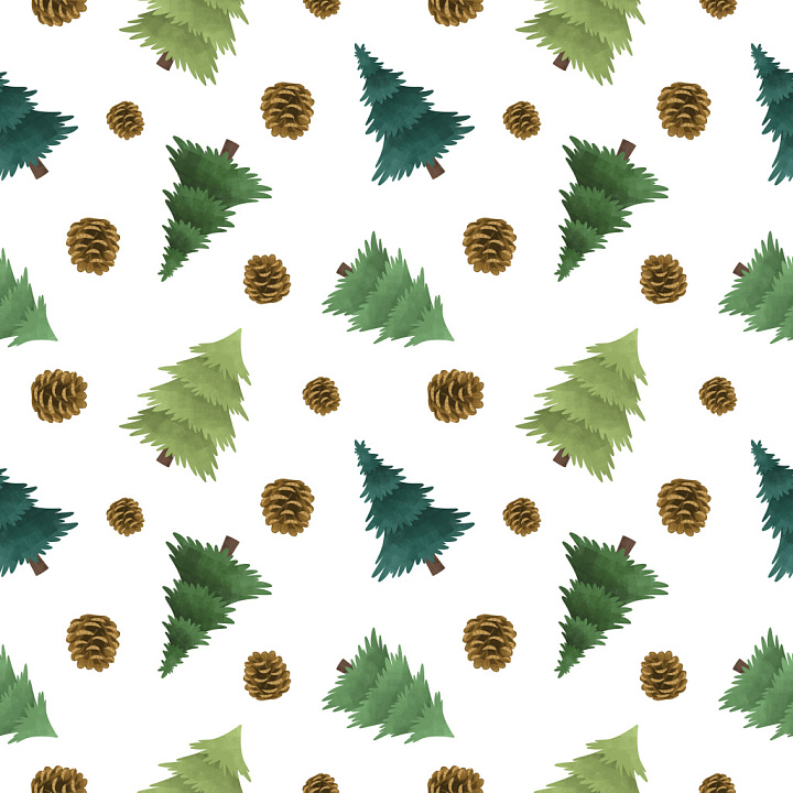Pattern with Watercolor Christmas Trees and Pinecones Wood seamless PBR texture preview