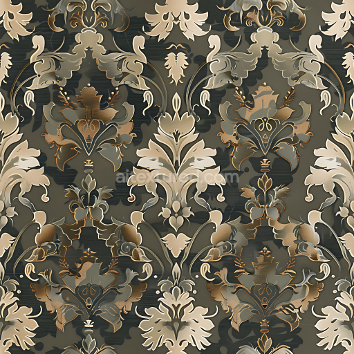 Seamless 3D stylized ornamental camouflage PBR texture with elegant baroque pattern and subdued earth tones