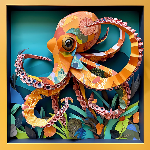 Seamless 3D PBR Texture with Origami-Inspired Multicolor Octopus Pattern