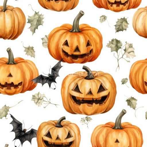 Seamless 3D PBR Texture of Watercolor Halloween Pumpkins and Leaves