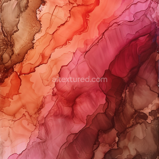 Seamless 3D Alcohol Ink PBR Texture Featuring Warm Red Coral and Earthy Brown Fluid Waves