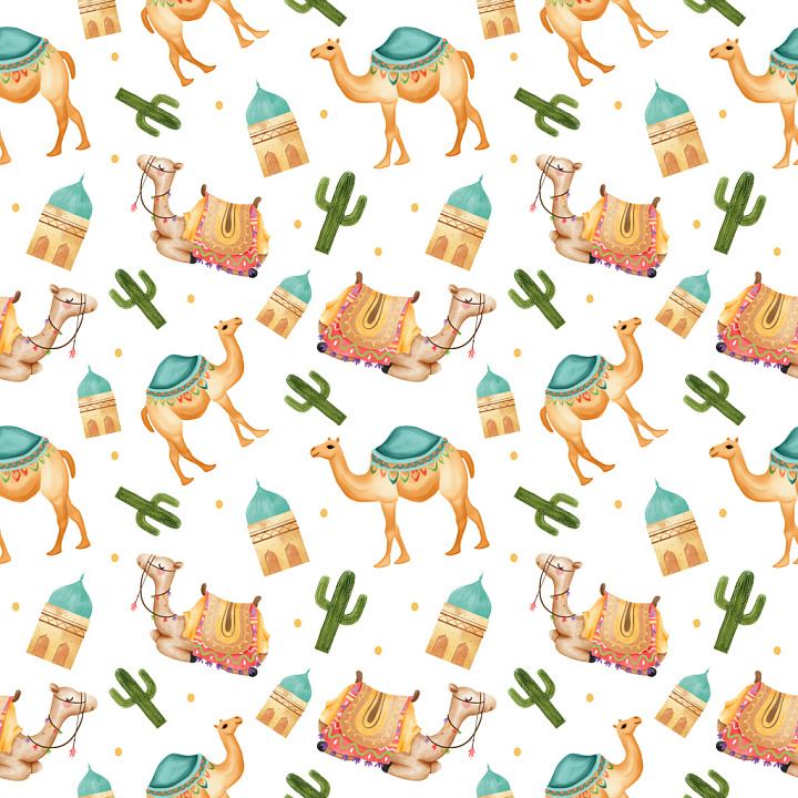 Pattern Featuring Decorative Camel Motifs and Desert Elements seamless PBR texture preview