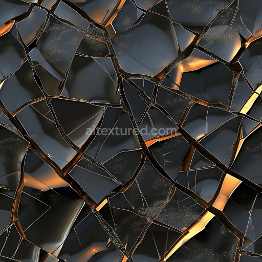 Seamless 3D PBR Shattered Black Glass Texture with Jagged Cracks and Golden Highlights
