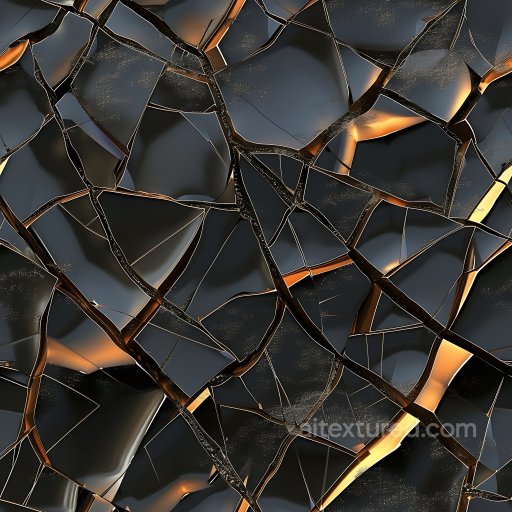 Shattered Black Glass Texture with Jagged Cracks and Golden Highlights seamless Cracked & Holes PBR texture
