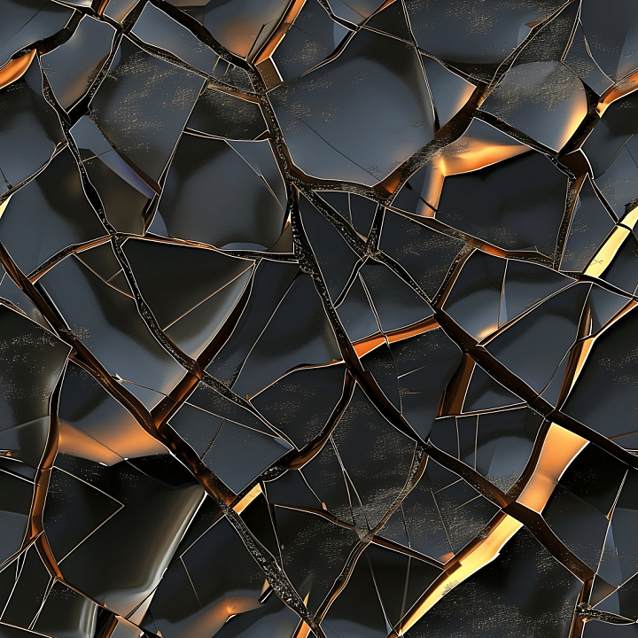 Shattered Black Glass with Jagged Cracks and Golden Highlights seamless PBR texture preview