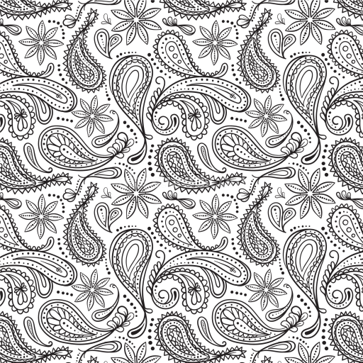 Seamless Black and White Paisley 3D PBR Texture with Floral Motifs