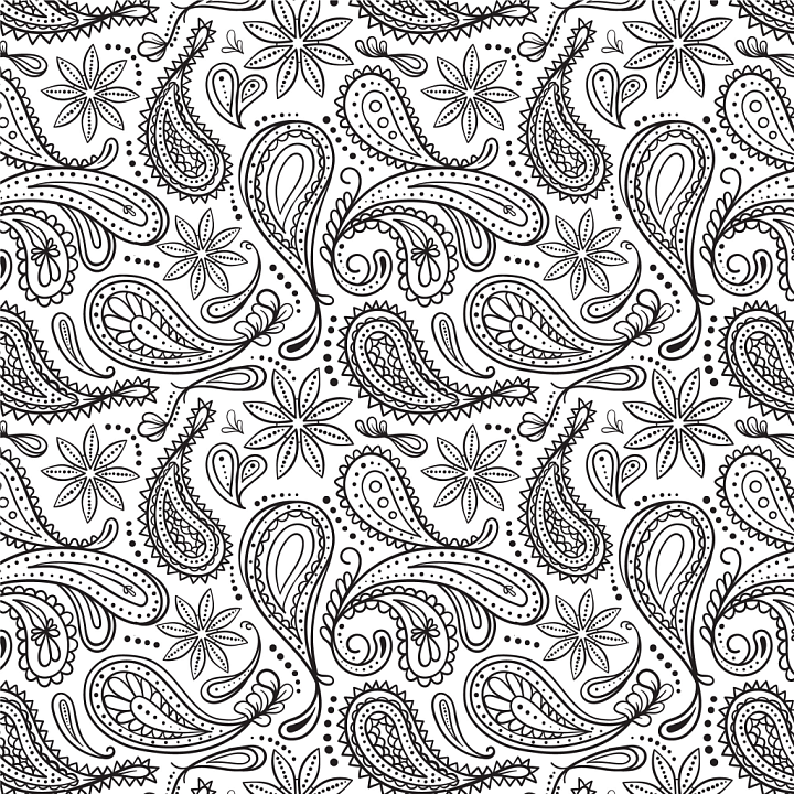 Black and White Paisley with Floral Motifs seamless PBR texture preview