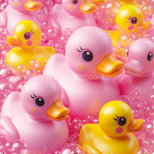 Seamless 3D Inflated PBR Texture Featuring Bright Pink and Yellow Rubber Ducks Surrounded by Glossy Bubbles
