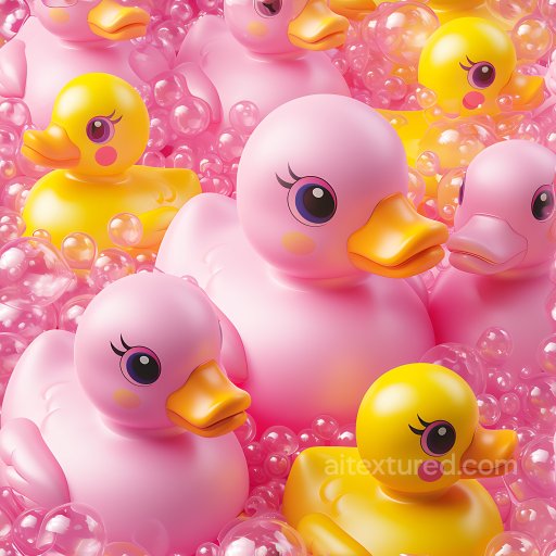 Inflated PBR Texture Featuring Bright Pink and Yellow Rubber Ducks Surrounded by Glossy B… seamless Inflated PBR texture