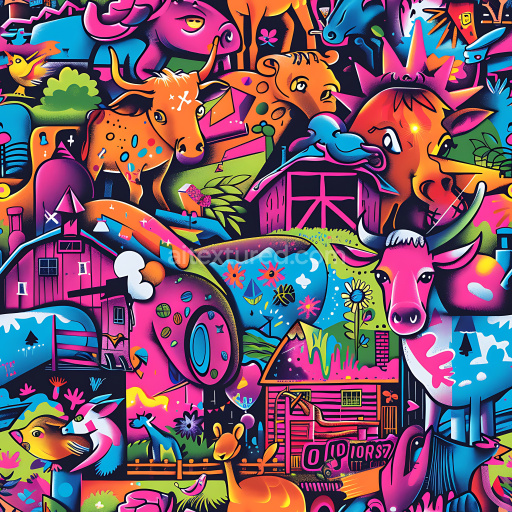 Seamless 3D PBR texture of vibrant colorful graffiti mural with animals and urban motifs