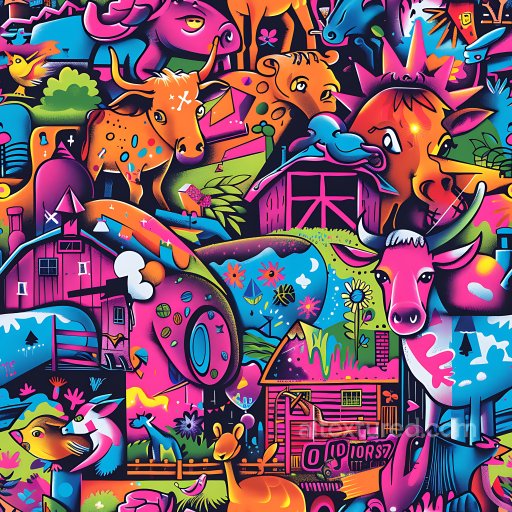 Seamless 3D PBR texture of vibrant colorful graffiti mural with animals and urban motifs texture preview