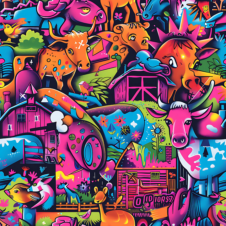 Of Vibrant Colorful Graffiti Mural With Animals And Urban Motifs seamless PBR texture preview