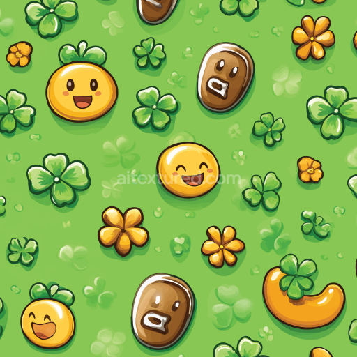 Seamless 3D PBR Texture with Playful Shamrocks and Smiley Tokens on Green
