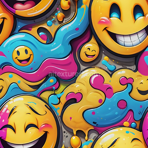 Seamless 3D PBR Texture Featuring Vibrant Smiley Graffiti with Bright Paint Drips