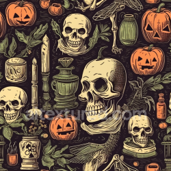 seamless Seamless 3D PBR Vintage Halloween Pattern Texture with Skulls & Pumpkins texture 8k free download PBR