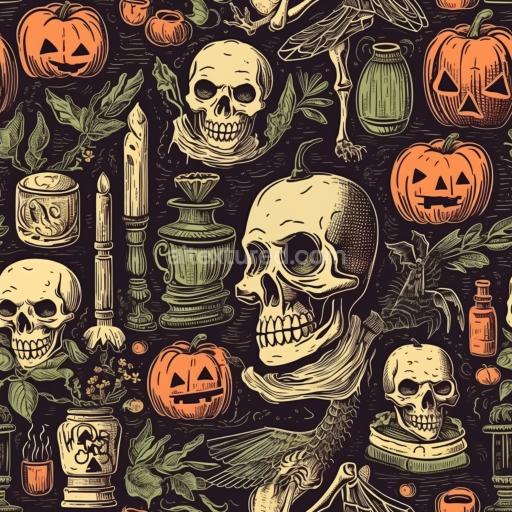 Seamless 3D PBR Vintage Halloween Pattern Texture with Skulls & Pumpkins