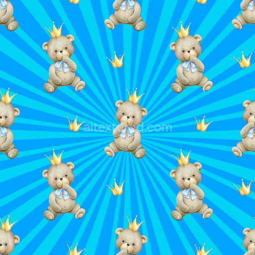 Seamless 3D PBR Texture of Cute Teddy Bears with Crowns on Blue Radiant Background
