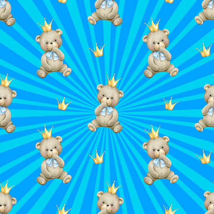 Baby Boy of Cute Teddy Bears with Crowns on Blue Radiant Background seamless PBR texture preview