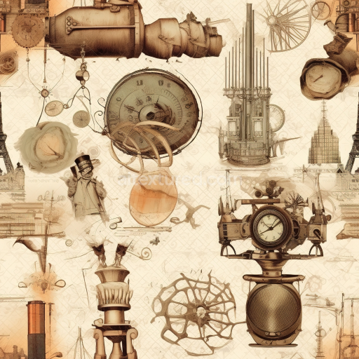 Seamless 3D PBR Texture of Vintage Steampunk Illustrated Paper Collage