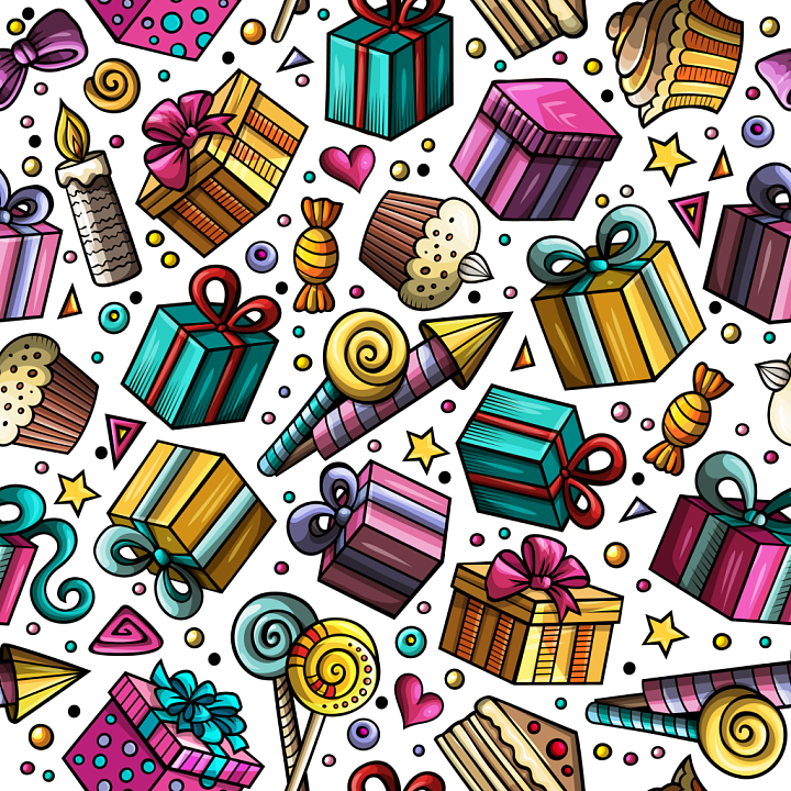 Colorful Birthday Gifts, Candies & Cupcakes seamless PBR texture preview