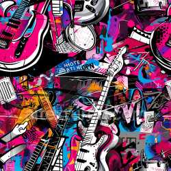 seamless Seamless 3D PBR Graffiti Texture Featuring Vibrant Electric Guitars and Urban Street Art Elements texture 8k free download PBR