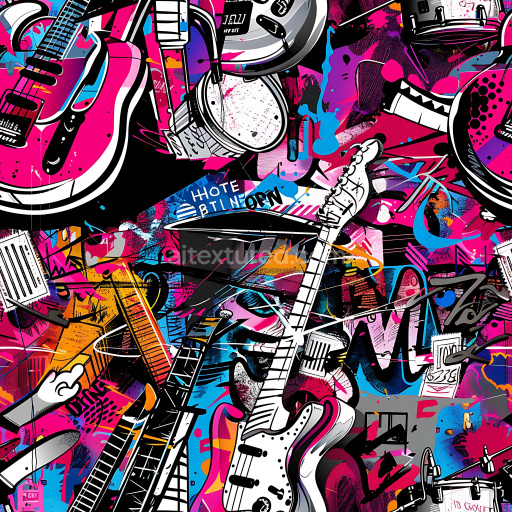 Seamless 3D PBR Graffiti Texture Featuring Vibrant Electric Guitars and Urban Street Art Elements