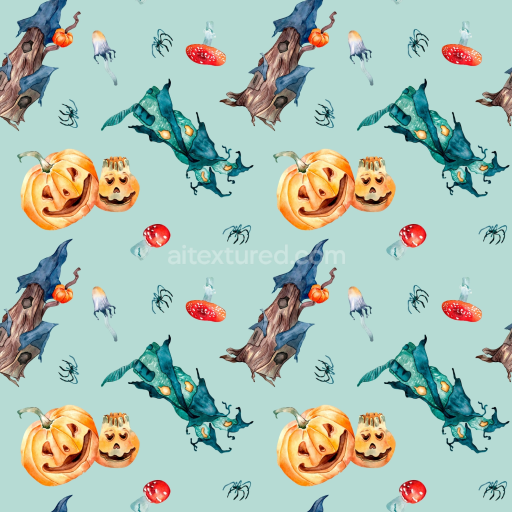 Seamless 3D PBR Watercolor Halloween Pattern Texture with Pumpkins and Spooky Elements