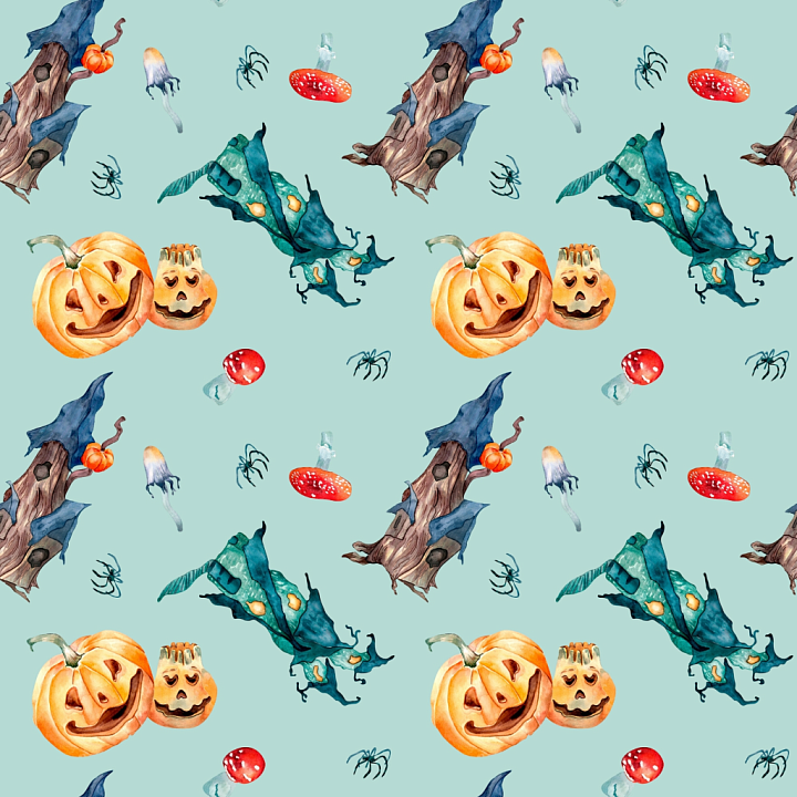 Watercolor Halloween Pattern with Pumpkins and Spooky Elements seamless PBR texture preview