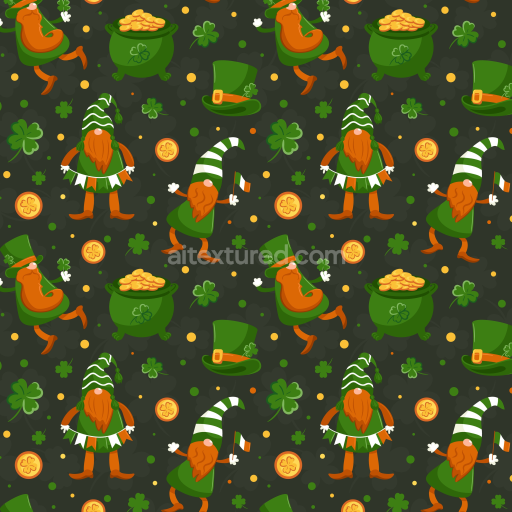 Seamless 3D PBR Texture of St Patrick Cartoon Gnomes and Shamrocks
