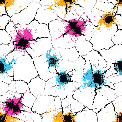 Seamless 3D PBR Cracked White Surface with Vibrant Pink, Blue, and Orange Holes