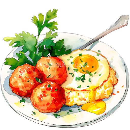 Watercolor Style Breakfast Plate with Meatballs and Fried Eggs
