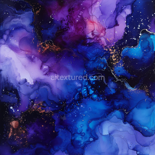 Seamless 3D Alcohol Ink PBR Texture Featuring Deep Blue and Violet Marbling with Gold Accents