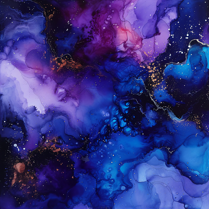 Alcohol Ink Featuring Deep Blue and Violet Marbling with Gold Accents seamless PBR texture preview