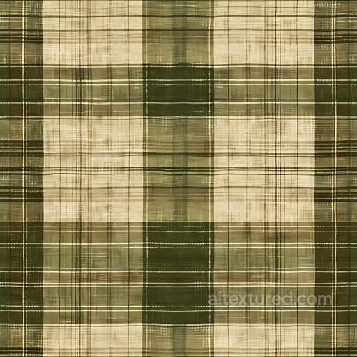 Seamless 3D PBR Plaid Fabric Texture in Olive Green and Beige Tones with Painted Brushstr… texture preview