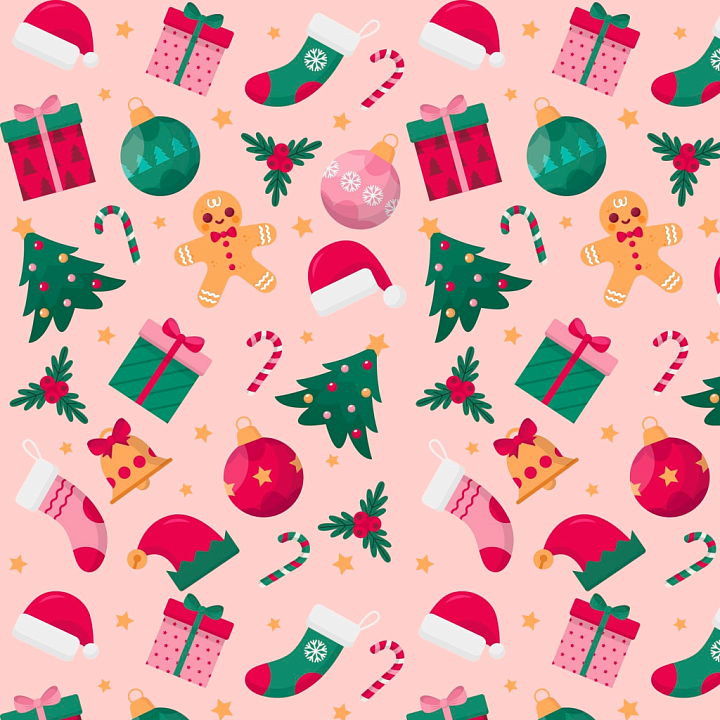 Christmas Pink Patterned with Festive Elements seamless PBR texture preview
