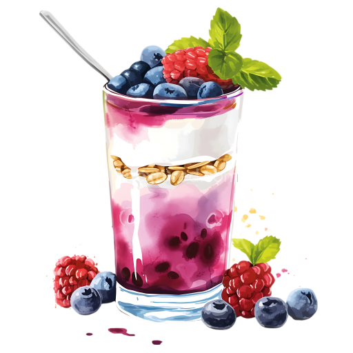 Breakfast Yogurt Parfait with Fresh Blueberries, Raspberries, and Granola Illustration
