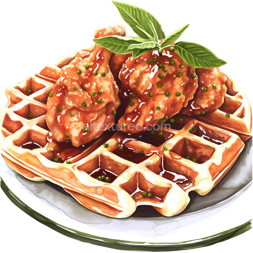 Chicken and Waffles Breakfast Plate Illustration with Herb Garnish