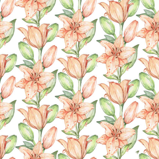 Seamless 3D PBR Texture of Hand-Painted Watercolor Lily Flowers with Green Leaves