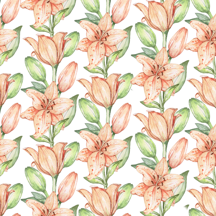 Wild Flower of Hand-Painted Watercolor Lily Flowers with Green Leaves seamless PBR texture preview