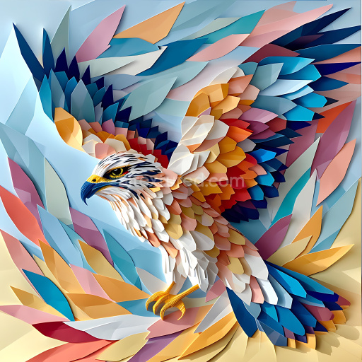 Seamless 3D PBR texture of multicolored stylized bird feathers in origami style