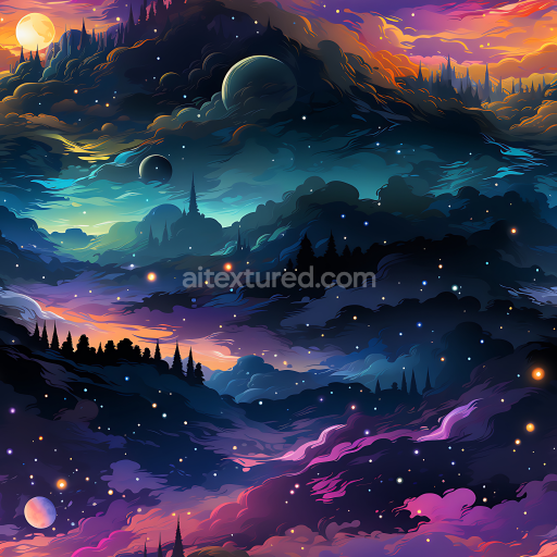 Seamless 3D Space PBR Texture Featuring Cosmic Nebula, Planets & Starry Sky