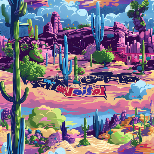 Seamless 3D PBR texture of vibrant graffiti mural with desert cactus and rock formations