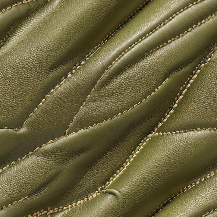 Olive Green Pebbled Leather with Detailed Stitching and Folds seamless PBR texture preview