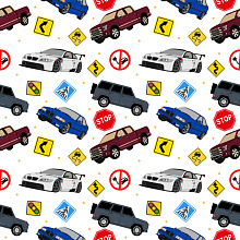 Seamless 3D Pattern PBR Texture Featuring Colorful Vehicles and Traffic Signs on White Background texture preview