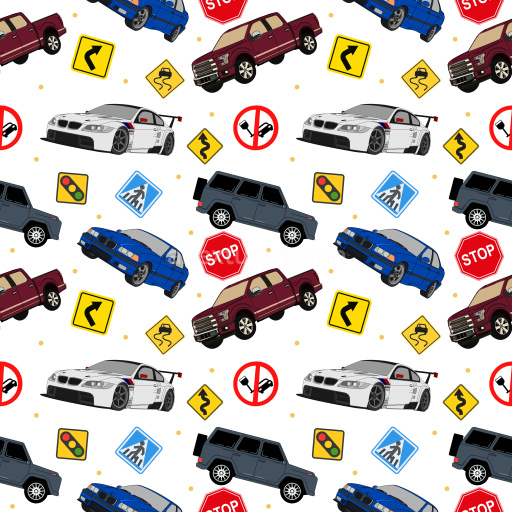 Pattern Bundle - Seamless 3D Pattern PBR Texture Featuring Colorful Vehicles and Traffic Signs on White Ba… texture preview