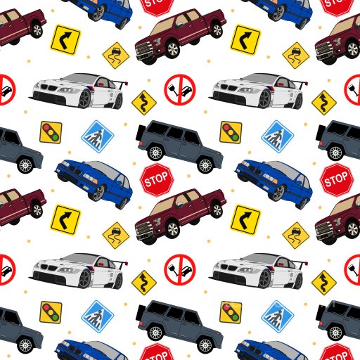Pattern PBR Texture Featuring Colorful Vehicles and Traffic Signs on White Background seamless Pattern Bundle PBR texture